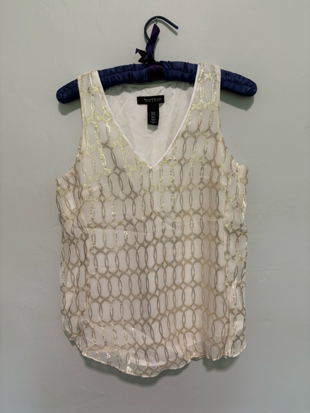 White House Black Market Silk White V-Neck Tank with Gold Link Pattern